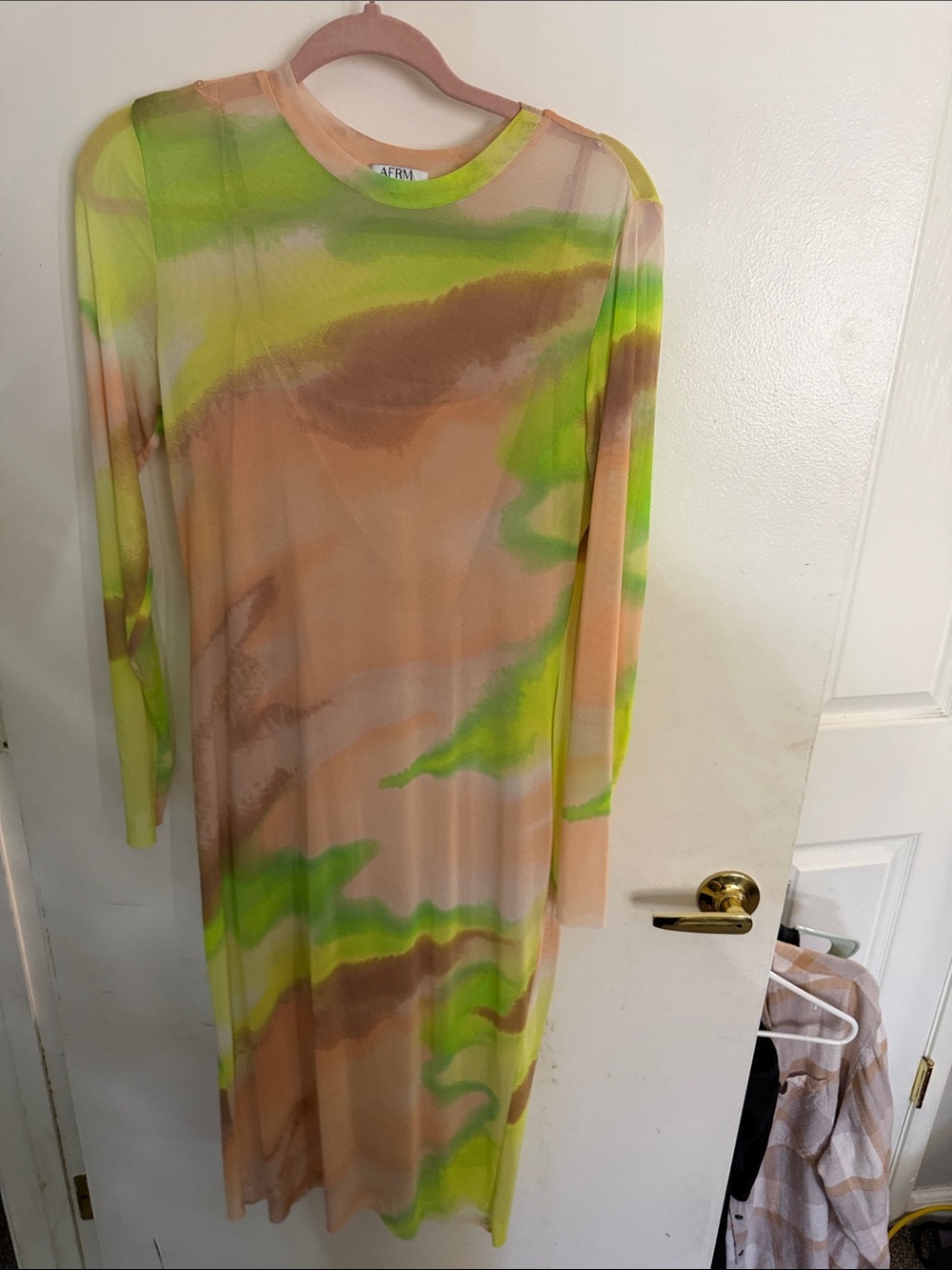 AFRM Long-Sleeve Tie-Dye Sheath Dress in Neon Green & Peach